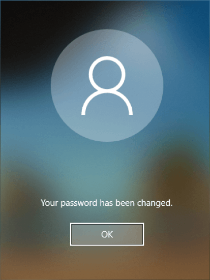 Windows 'Change a password' confirmation screen: 'Your password has been changed.'