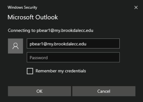 Outlook dialog box requesting user credentials — includes fields for user and password.