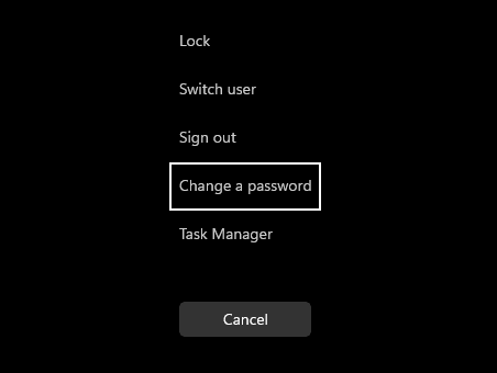 Windows security screen, with 'Change a password' option selected.