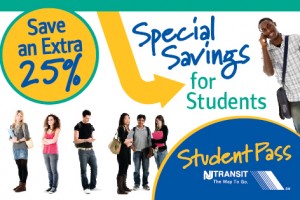 Nj Transit student pass logo with image of riders and "save extra 25%" graphic