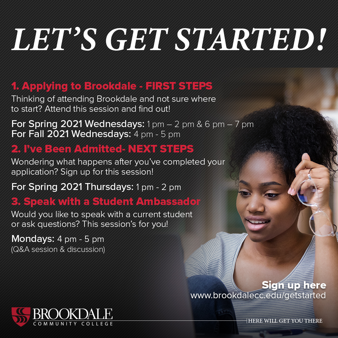 Dark skin girl looking at computer, Let's Get Started text about upcoming virtual information sessions.