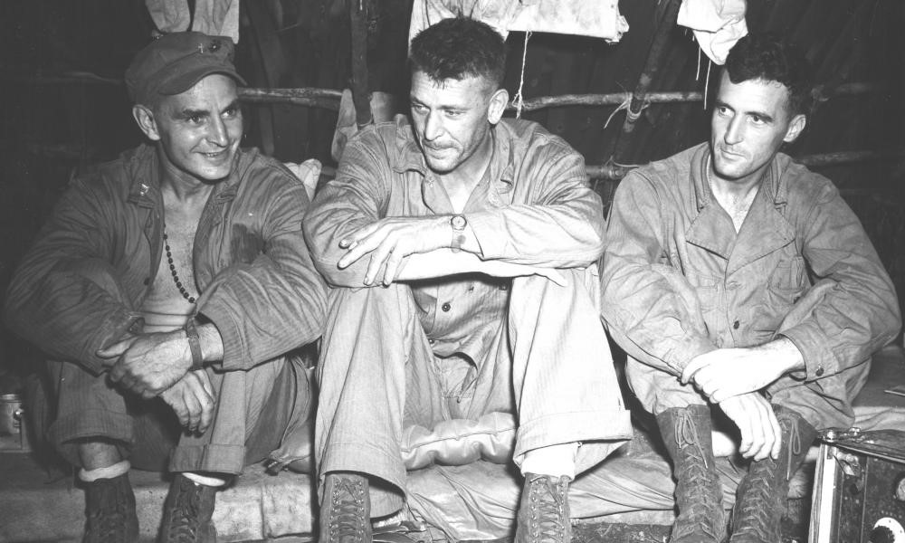 (L-R) Father Paul Redmond, Colonel Harry B. Liversedge, Chaplain John Murphy; U.S. Marine Raiders, Solomon Islands, 1943