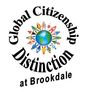 Global Citizenship DIstinction Logo at Brookdale. Star burst in the middle with colored lights forming the star.