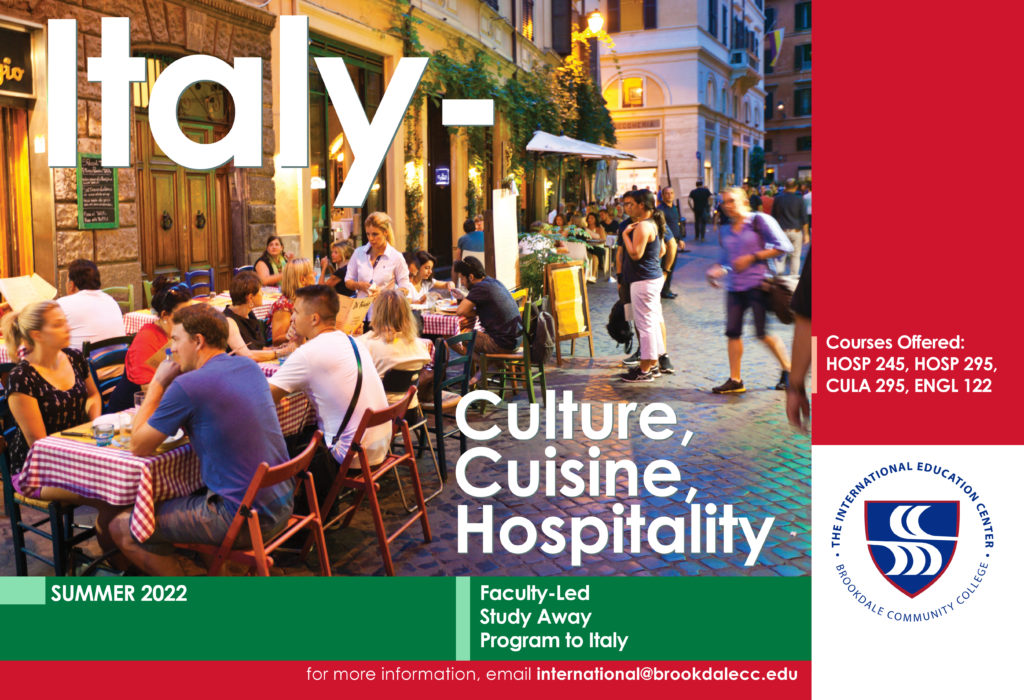 Flyer for the Study Abroad program featuring a picture of a busy outside restaurant in Italy.