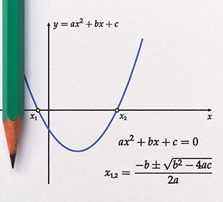 Graph of a parabola and quadratic function with roots solution formula