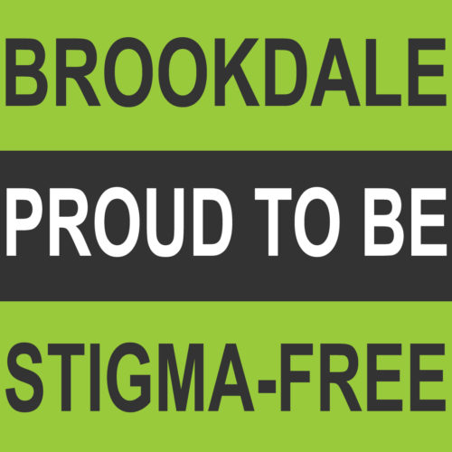 Brookdale Proud To Be Stigma-free on bright green and black stripes
