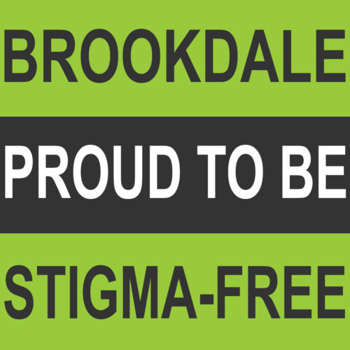 Brookdale Proud To Be Stigma-free on bright green and black stripes