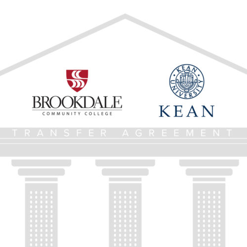 Brookale and Kean University Logos on top of pillars under a triangle