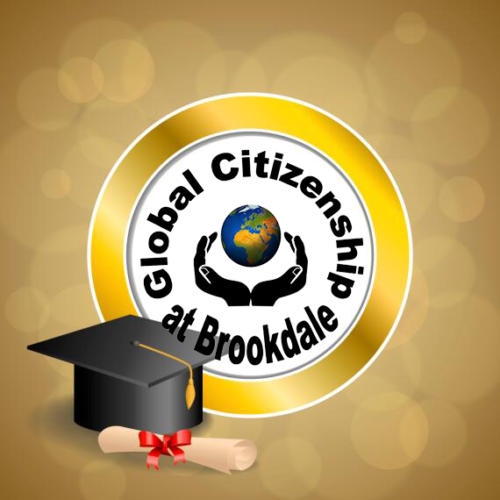 global citizenship at Brookdale in gold circle with graduation cap and diploma