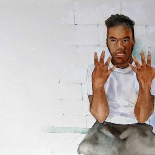 Souls Shot Project exhibition portrait of Messiah Chiverton by artist Warren Keyser, watercolor 2020