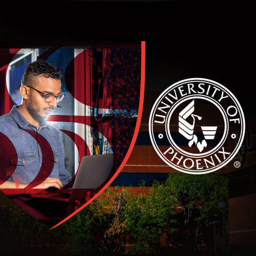 man on computer logo of University of Phoenix