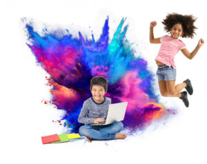 girl jumping in the air and boy on his computer with bursts of colors in the background