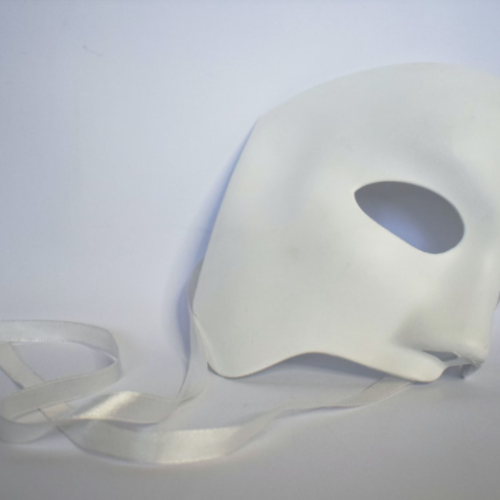 white drama mask with white ribbons