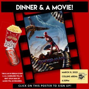 red and black film with photo of spiderman. there is popcorn and can of coke on the side.