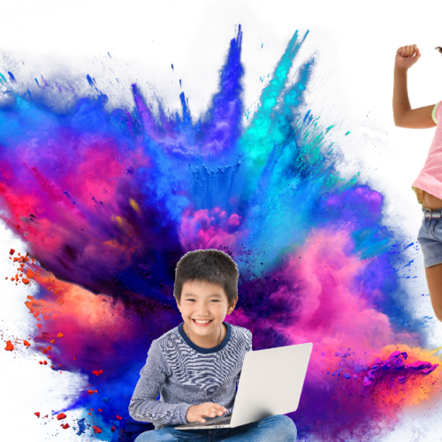 2 kids, one boy on a computer and a girl jumping in the air.