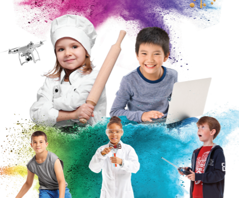 Image of five kids dressed up in career costumes. Girl as a chef, one boy on a computer, one playing basketball, others in STEM career outfits. Two monster faces in yellow and blue.