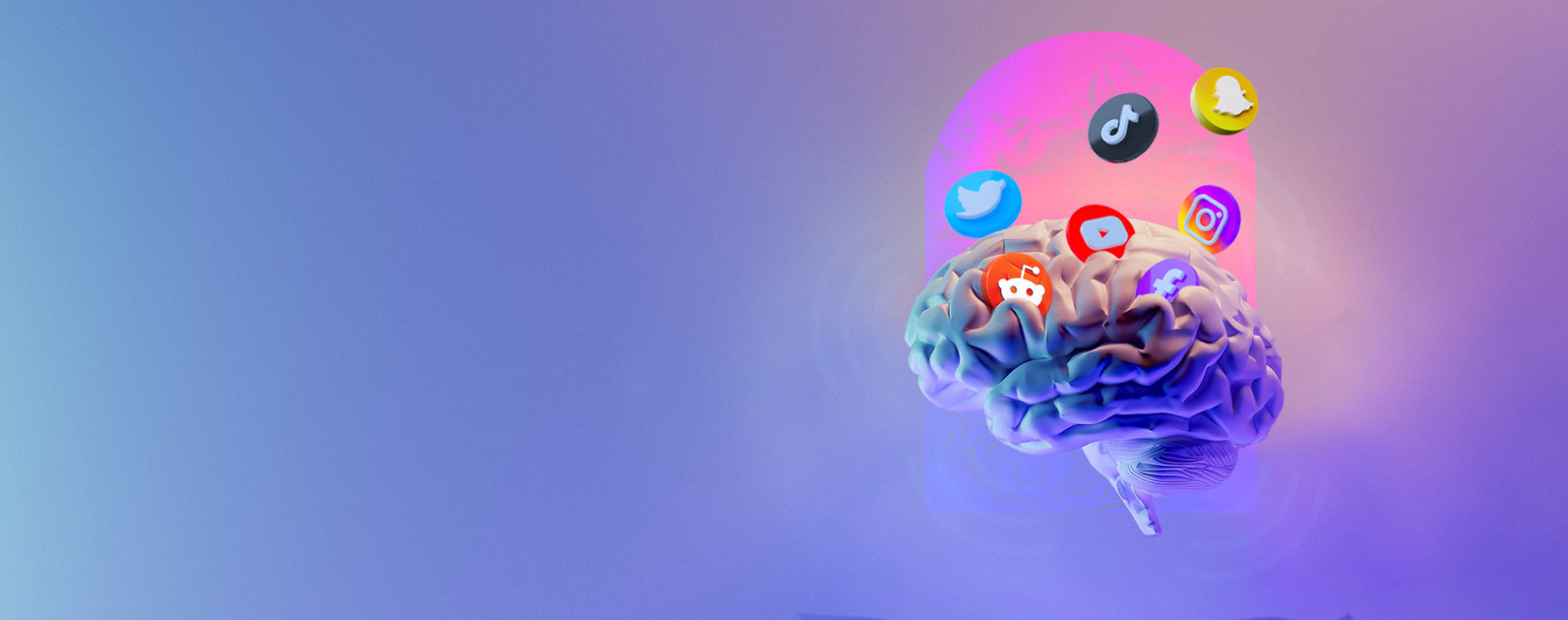 Purple background with an image that looks like a brain with social media icons floating out of it.