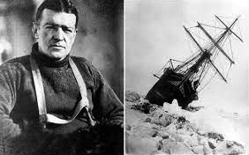 Black and white pictures of Earnest Shackleton and his ship.