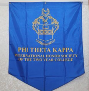 Blue flag with gold lettering.