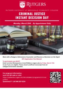 Flyer for the event with a picture of the scales of justice.
