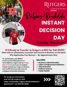 Flyer for the event with pictures of students at Rutgers at Brookdale.