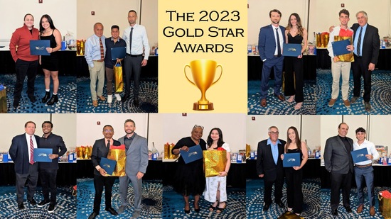 Separate groups of photos of students and their coaches receiving awards.