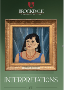 Cover of student publication Interpretations Vol VIII. It has a green background and oil painting portrait of a woman framed in gold.