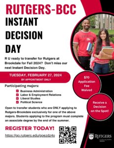 Flyer for Rutgers-BCC Instant Decision Day Red and Black colors