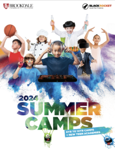 Kids summer camp brochure cover with 7 kids dressed for a different activity.