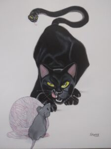 painting by Cheryl Perry of a black cat in front of a grey mouse