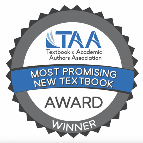 Award Seal that is gray and bright blue. TAA Most Promising New Textbook Award Winner