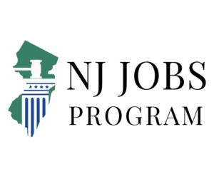 JOBS logo which is the state of NJ green on top of the state and blue stripe on the bottom of the state and a gavel going across the middle.