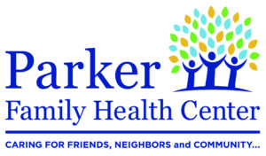 parker clinic logo with the words Parker a tree like design with three persons holding their hands up in the air as the trunk of the tree. Green and orange leaves make up the tree leaves.
