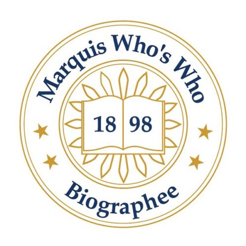 Marquies Who's Who Seal gold drawing with navy lettering.