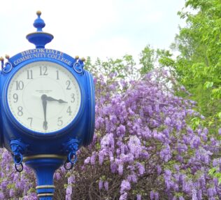 clock on Brookdale Community College campus with pretty purple flowering tree behind it.