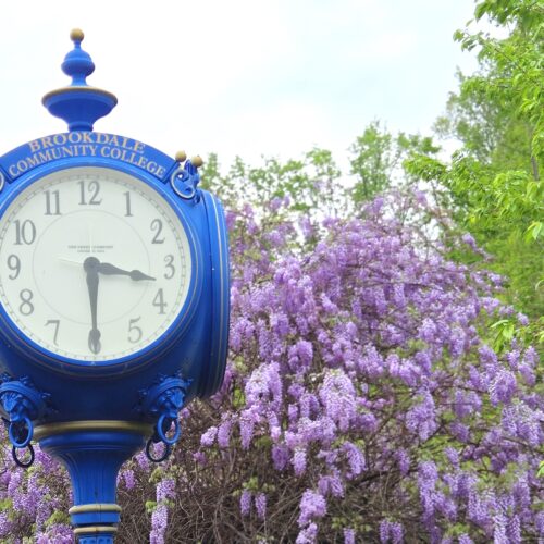 clock on Brookdale Community College campus with pretty purple flowering tree behind it.
