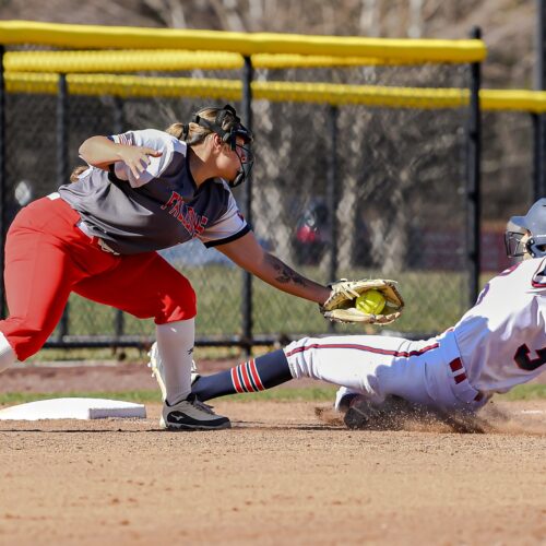 Brookdale Jersey Blue Jillian Fay Softball sliding into homebase.