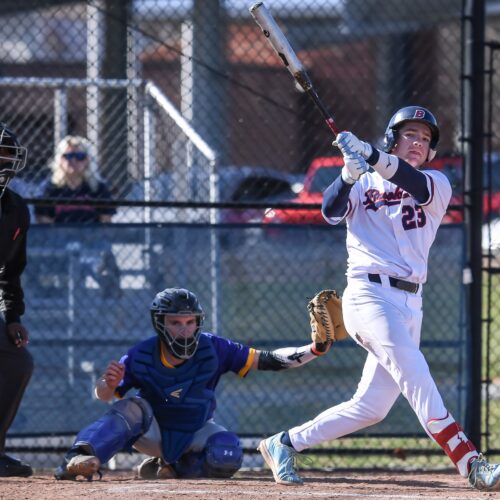 Brookdale Community College standout student athlete Richard Kernan hitting the ball.