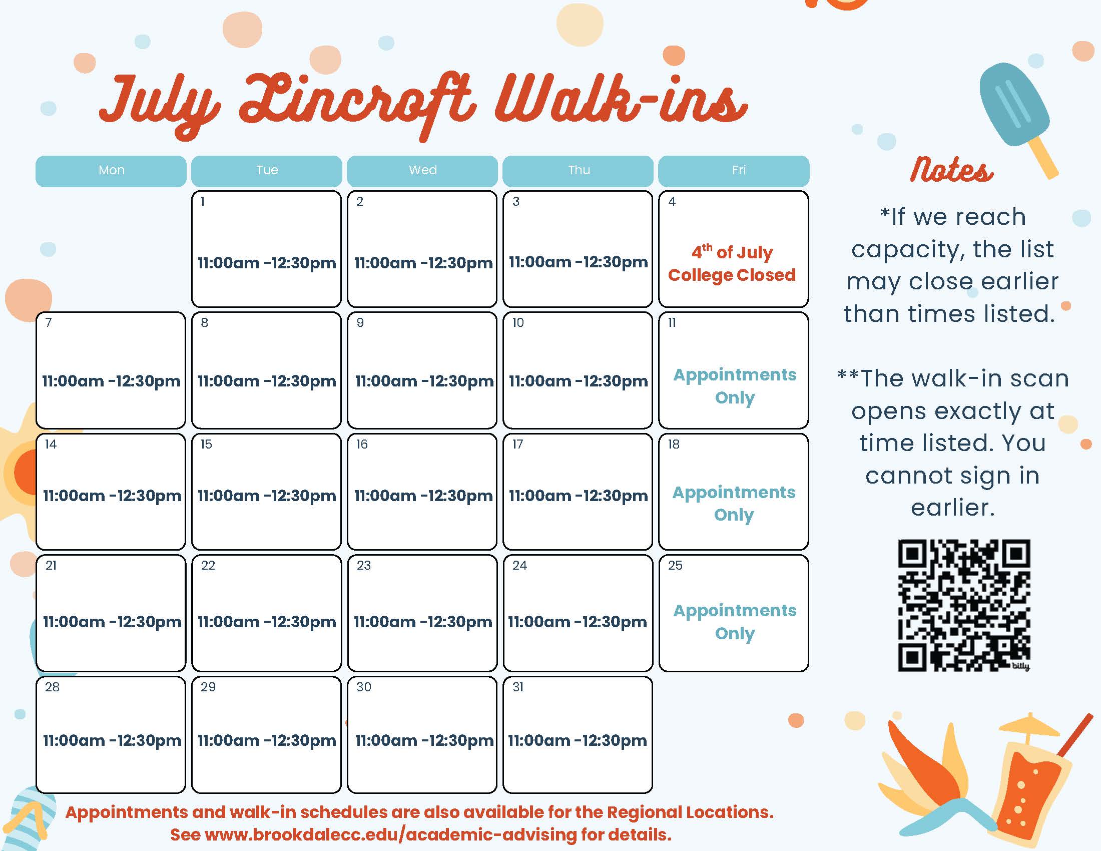 July Walk-In Schedule/Calendar