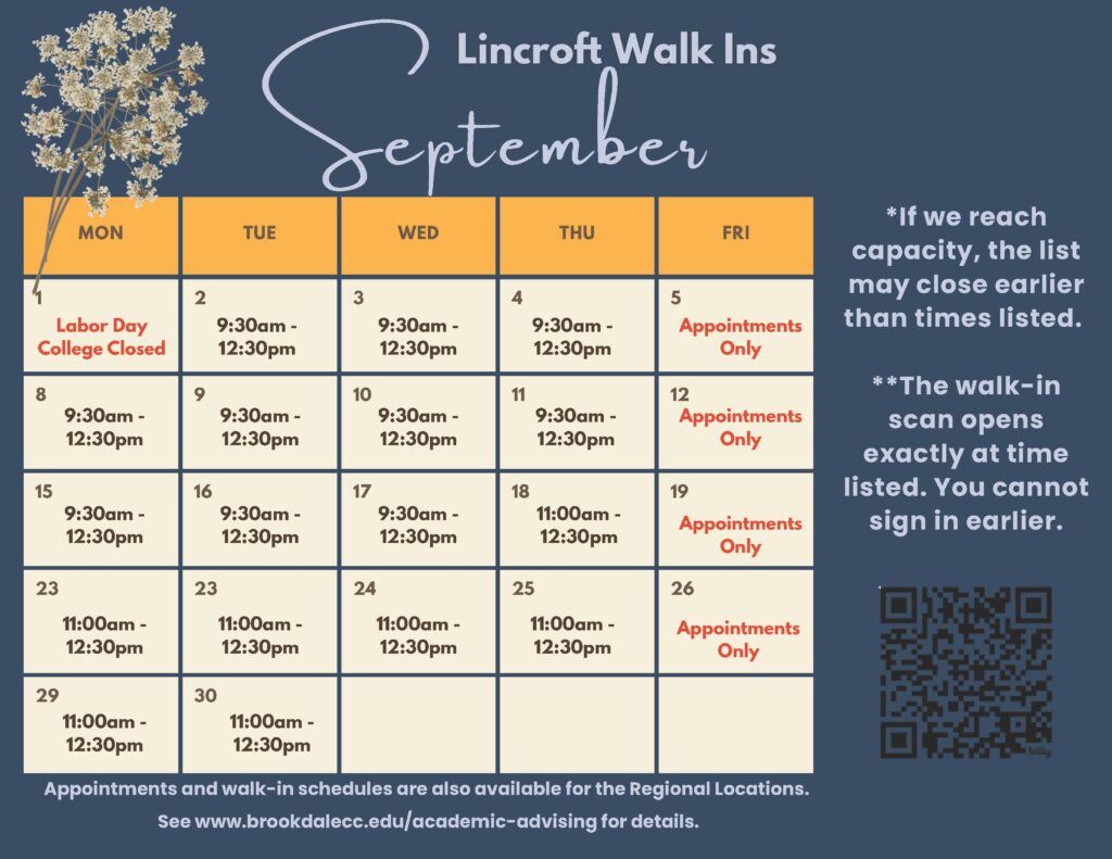 September 25 Walk In Advising Schedule