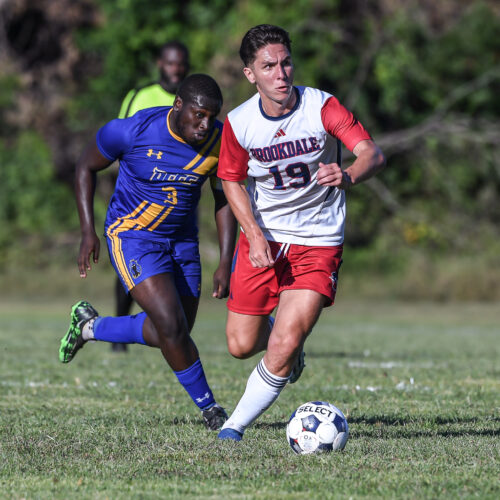 During the Brookdale CC vs Delaware CCC GSAC Men's Soccer Match at the Brookdale Soccer Field in Middletown , New Jersey. 9/2/25 Photo Credit: Tom Smith | tspsportsimages.com