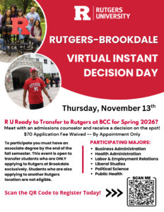 Rutgers-Brookdale Virtual Instant Decision Day, Rutgers-Brookdale, Virtual Instant Decision Day, Business Administration, Health Administration, Labor & Employment Relations, Liberal Studies, Political Science, Public Health