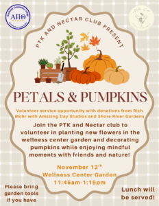 Petals and Pumpkins flyer describing the volunteer event with pumpkins and gardening supplies.