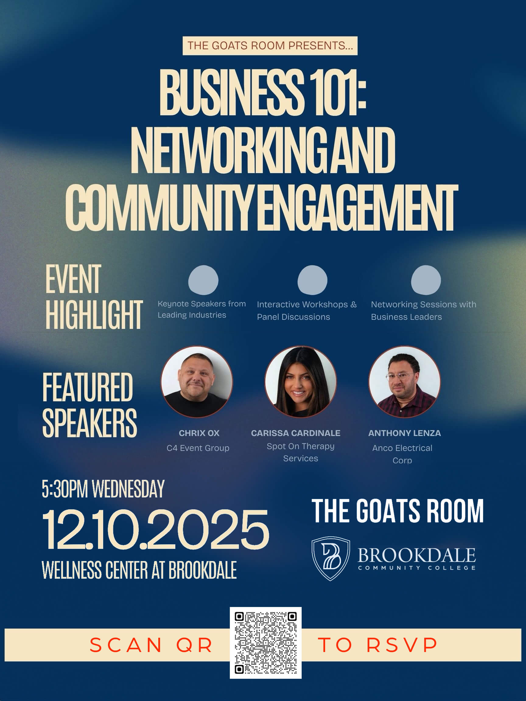Goats room flyer with featured speakers listed.