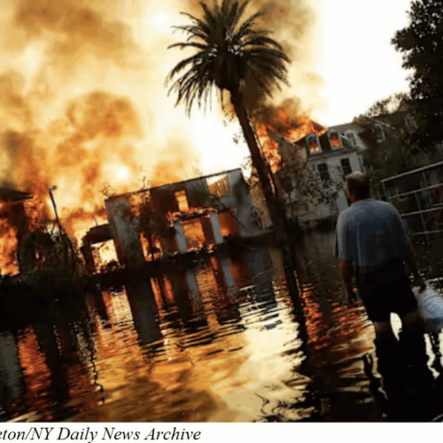 Science Mondays at Brookdale Community College. Image is a fire on the water to promote December's Climate Resilience in New Jersey