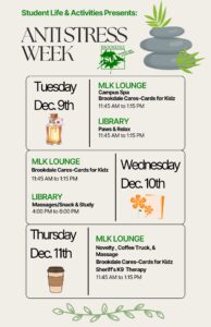 SLA Fall 2025 Anti-Stress Week
12/9, 12/10, and 12/11