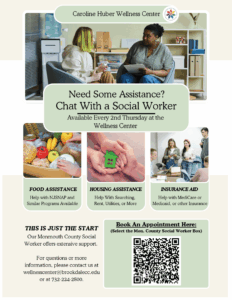 Chat with a social worker flyer with images depicting what they help with: food assistance, housing assistance, and insurance aid.