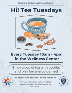 Hi! Tea Tuesdays flyer with a drawn image of tea and spices. 