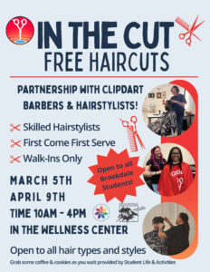 In the cut free haircuts flyer describing the event with images of people getting their hair cut.