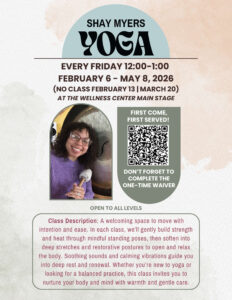 Shay Myers Yoga Flyer with a description of the class and a photo of Shay Myers.